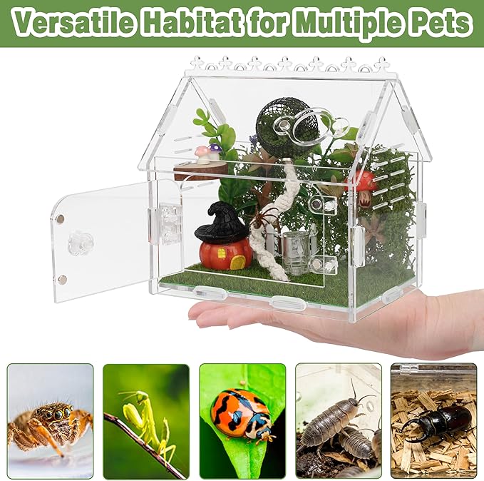 16Pcs Jumping Spider Enclosure Kit, 5.9"x3.9"x5.1" Arboreal Tarantula Habitat with Magnetic Lock & Decor, Acrylic Terrarium Complete Starter Kit for Small Spider, Praying Mantis, Reptile, Insect Cage