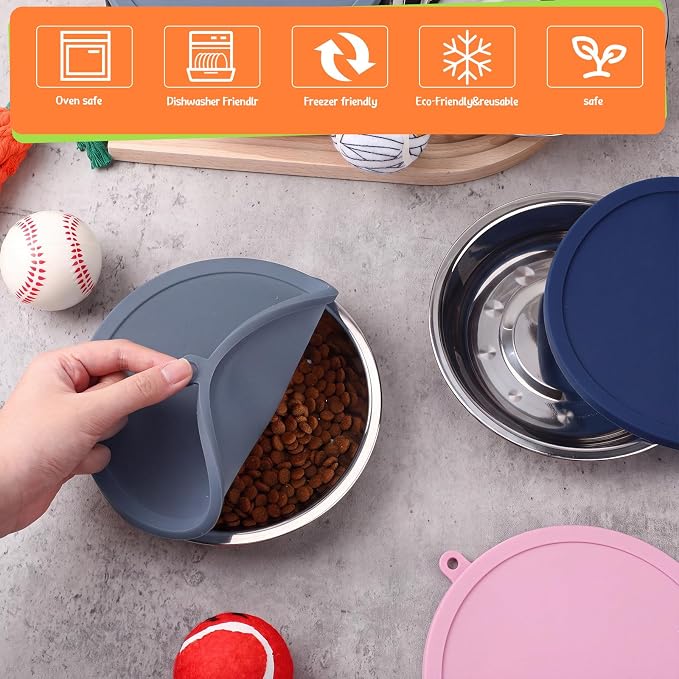 Patelai Stainless Steel Dog Bowls with Silicone Lids for 1.9 Cups Portable Food and Water Dishes for Pets Sealable Containers for 6.3" for Cats & Small Dogs(8 Pcs,Black,Gray,Dark Blue,Pink)