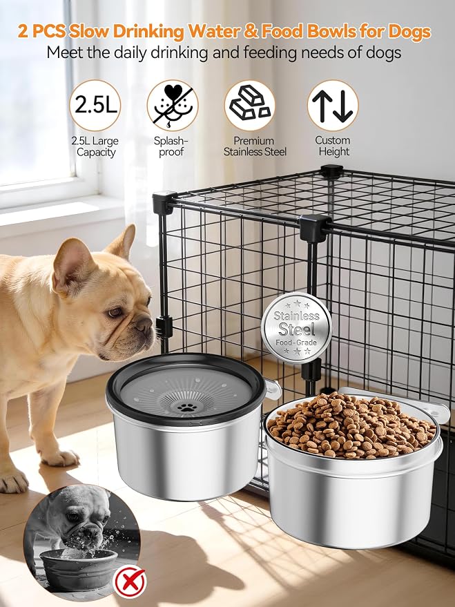 2 Pcs No Spill Dog Water Bowl for Crate, 2.5L Stainless Steel Hanging Kennel Bowls with Adjustable Height, Anti-Splash Water & Food Bowl Set for Cage Kennel Crate, Medium Large Dogs (Black)