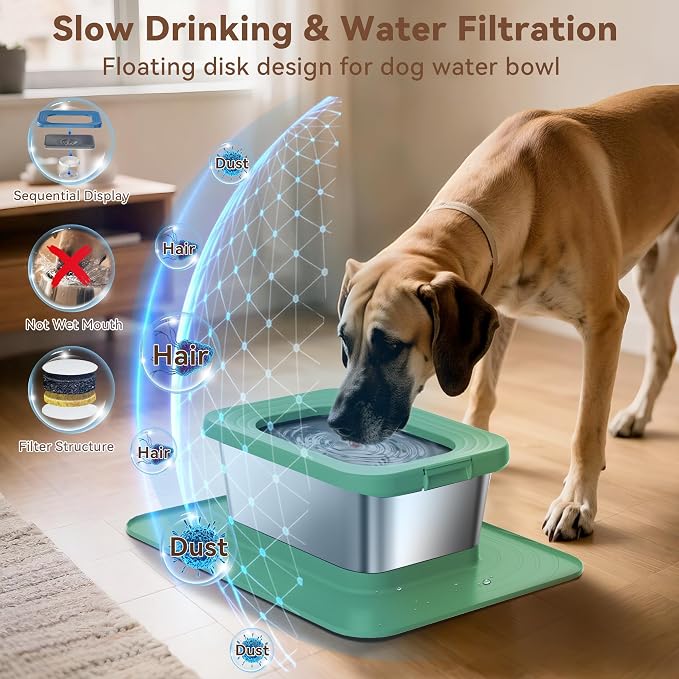 10L No Spill Dog Water Bowl Stainless Steel for Messy Drinkers | Large Capacity Slobber Stopper, Slow Drinking Anti Splash Design, XXL Silicone Mat, For Large Dogs & Multi-pet Homes, Green