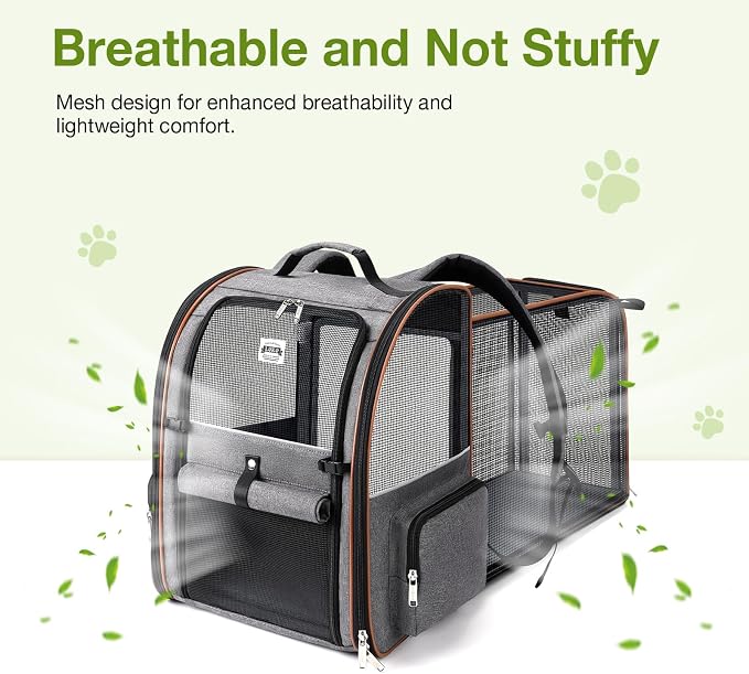 Cat Carrier Backpack, Expandable Pet Carrier with Sun Shade & Full Front Opening, Breathable Mesh Backpack for Small Dogs & Medium Cats Up to 18 Lbs, Foldable for Hiking, Camping (Grey)