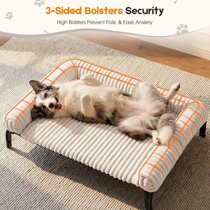 Elevated Dog Bed with Removable Fluffy Pillow Cushion, Raised Pet Cot Washable Bolster, Dog Couch Sofa, Anti Slip Feet, Breathable Mesh, Cream, 49"×36"