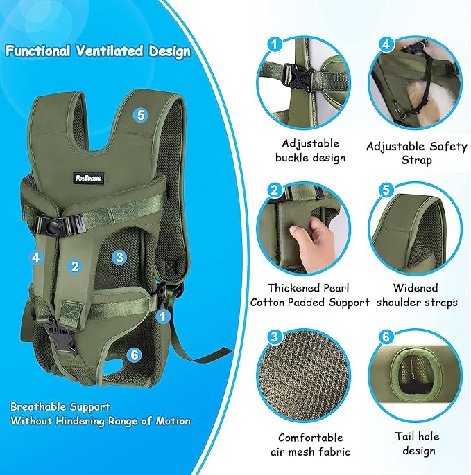 PetBonus Pet Front Dog Carrier Backpacks, Adjustable Pet Backpack, Legs Out Easy-fit Puppy Chest Carrier for Medium Small Dogs, Hands Free for Hiking, Cycling (Army Green, M) | Hands Free, Adjustable, Safety Strap, Walking Hiking Cycling Motorcycle bag...