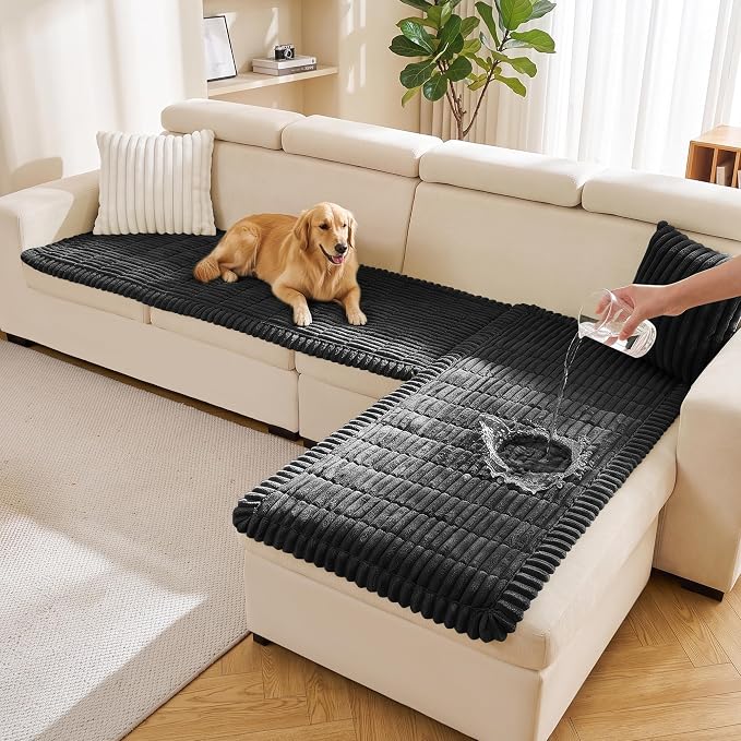 FUANGUI 2 Pack Waterproof Couch Cover for Dogs Pets Sofa Protector | Non-Slip Washable Fuzzy Soft Sofa Slipcover for 2 PCS L Shaped Sofa Pet Friendly, 27.6" x 59.1"+27.6" x 70.9", Black