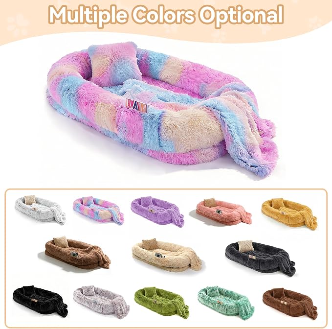 Human Dog Bed, Oversized Plush Lounger Bed with Plump Pillow and Blanket | 71" x 45" x 12" Long Plush Polyester Floor Nest for Relaxing, Napping, Reading, and Family Cuddle Time - Multicolor