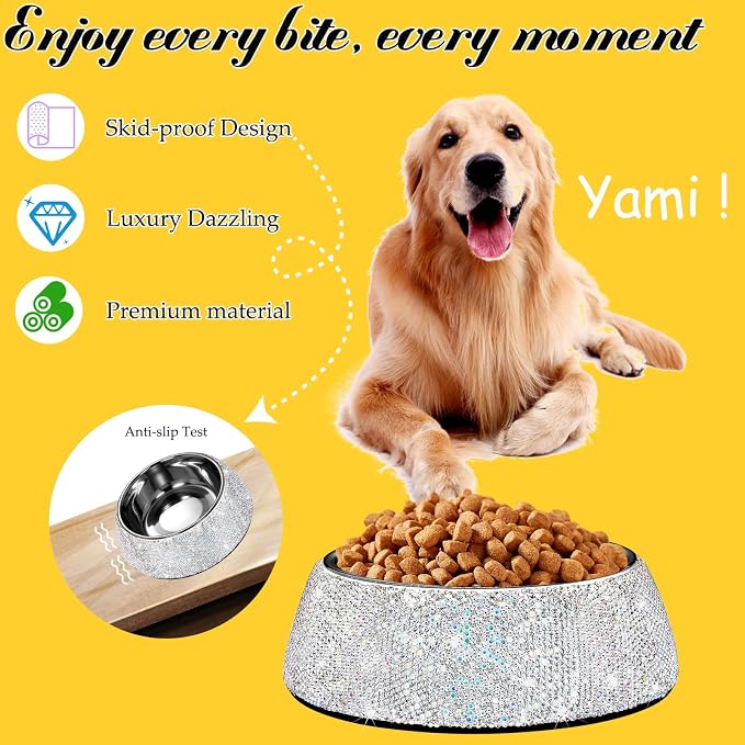 SlowVibes Bling Stainless Steel Dog Cat Bowl, Detachable, 18 oz | Rhinestone metal food or water bowl for medium large dogs and cats, rust-resistant non-slip puppy dish, sparkle pet essential
