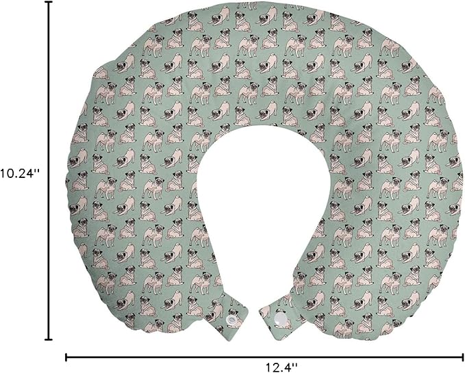Ambesonne Pug Travel Pillow Neck Rest, Dogs Various States Sitting Standing Stretching Cartoon Style Pet Drawing, Memory Foam Traveling Accessory for Airplane and Car, 12", Turquoise
