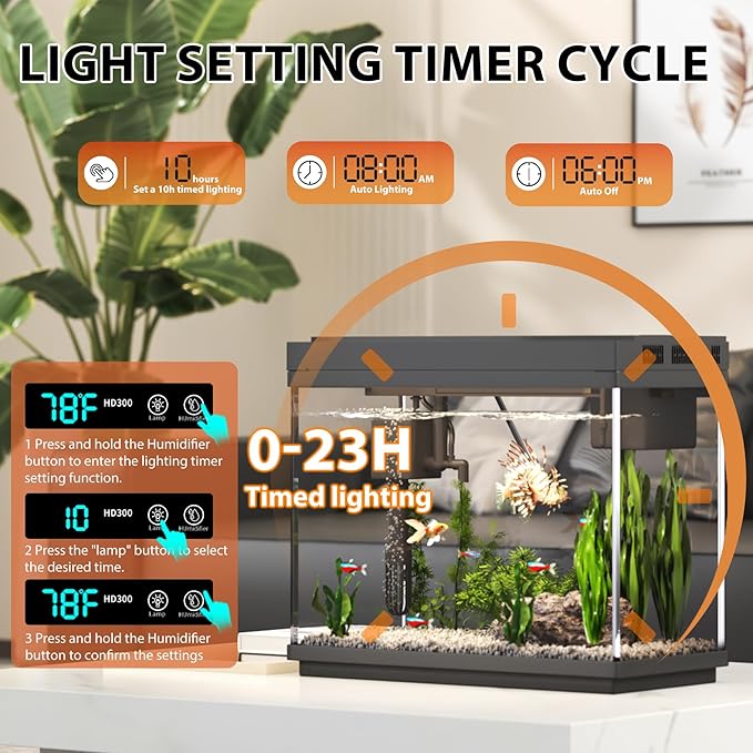 Vehipa Fish Tank 2.4 Gallon Aquarium with Heater, 3-in-1 Silent Pump with Filteration & Oxygenation & Circulation, 7-Color Timer Cycle Light, Temperature Display, Humidifier, HD Glass Fish Bowl