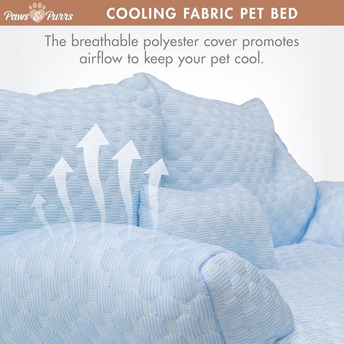 Paws & Purrs Cooling Pet Sofa Bed for Small Dogs or Cats, Breathable Fabric, Supportive Bolsters, Removable Washable Cover, Non-Slip Base, Sofa Pet Lounger Includes Mini Play Cushion, Blue
