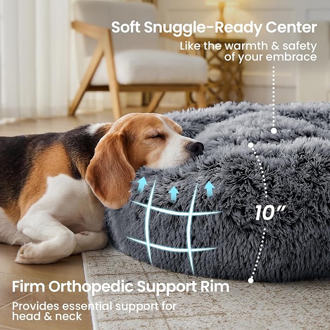 JOLLYVOGUE Calming Dog Beds Extra Large Sized Dog, 45in Donut Washable Large Pet Bed, Anti-Slip & Anti-Anxiety Fluffy Faux Fur Round Dogs Bed, Fits up to 125 lbs Pets (Smoke Black)