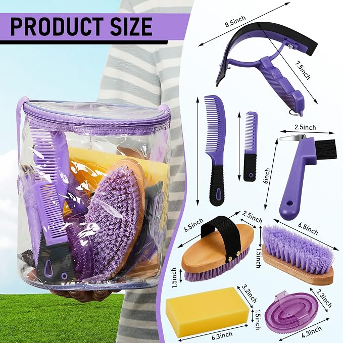 Cunhill 9 Pcs Horse Grooming Kit with Bag Curry Brushes,Cute,Purple | Complete Grooming Set for Horses, Hard Soft Brushes, Hoof Pick, Sweat Scraper, Sponge, Comb, Portable Tote for Stable