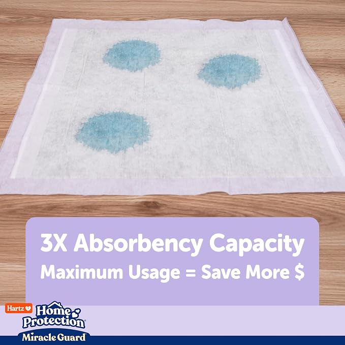 Hartz Miracle Guard Dog and Puppy Dog Pads Max Absorbency 24 Hour Use Odor Eliminating Lavender Scented No Leaks, Regular Size 25 Count