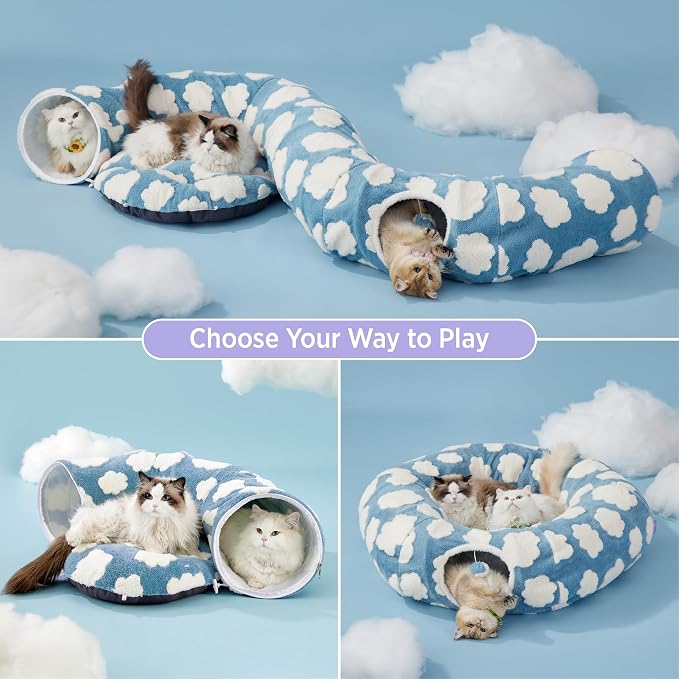 Lesure Donut Cute Jacquard Large Cat Tunnel Bed Kitten Toys for Dog Bunny | 39.5x39.5x10in,Round Large Cat Bed Tube for Multi Kittens,Pet Peekaboo Cave Toy,Spiral Hideaway,Washable Cushion,Blue