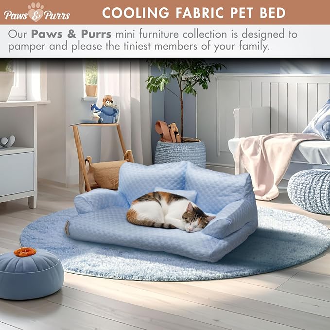 Paws & Purrs Cooling Pet Sofa Bed for Small Dogs or Cats, Breathable Fabric, Supportive Bolsters, Removable Washable Cover, Non-Slip Base, Sofa Pet Lounger Includes Mini Play Cushion, Blue