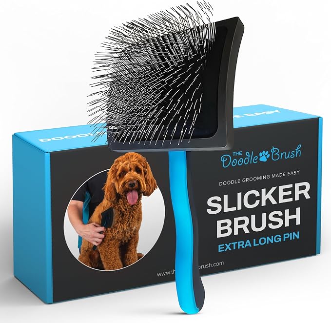 The Doodle Brush Slicker Brush Dog Poodle Brush Detangler, Extra Long Pin | Ergonomic Handle, Goldendoodle, Cockapoo, Cavapoo, Dog Brushes for Grooming, Removes Mats and Tangles, Shiny Coat Pet Brushes