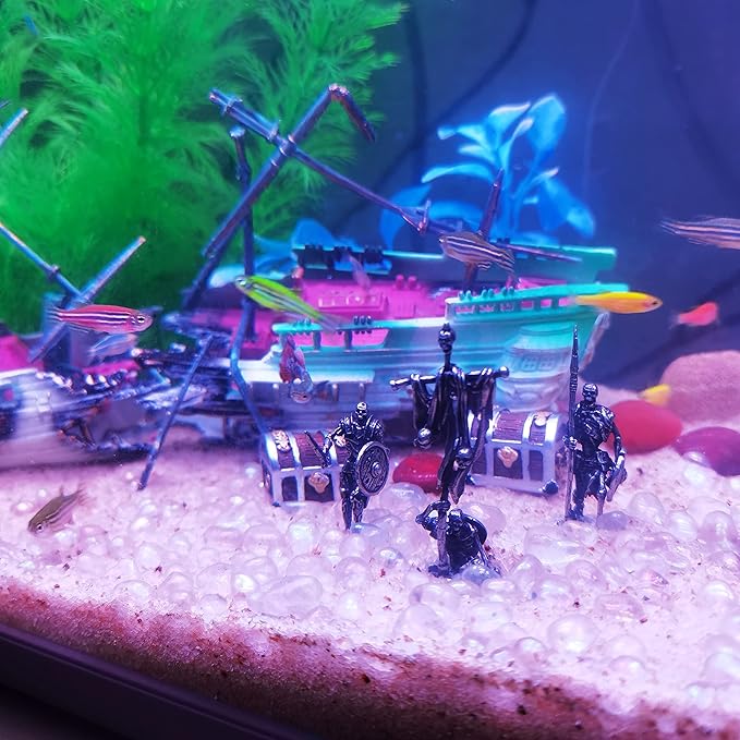 Aquarium Fish Tank Decorations, Decor Accessories Set for Glofish/Betta Fish Bowl, Small Landscape Ornaments for Guppy Fishtank, Figurines of Undead Pirates at the Bottom of the Caribbean, Cupronickel