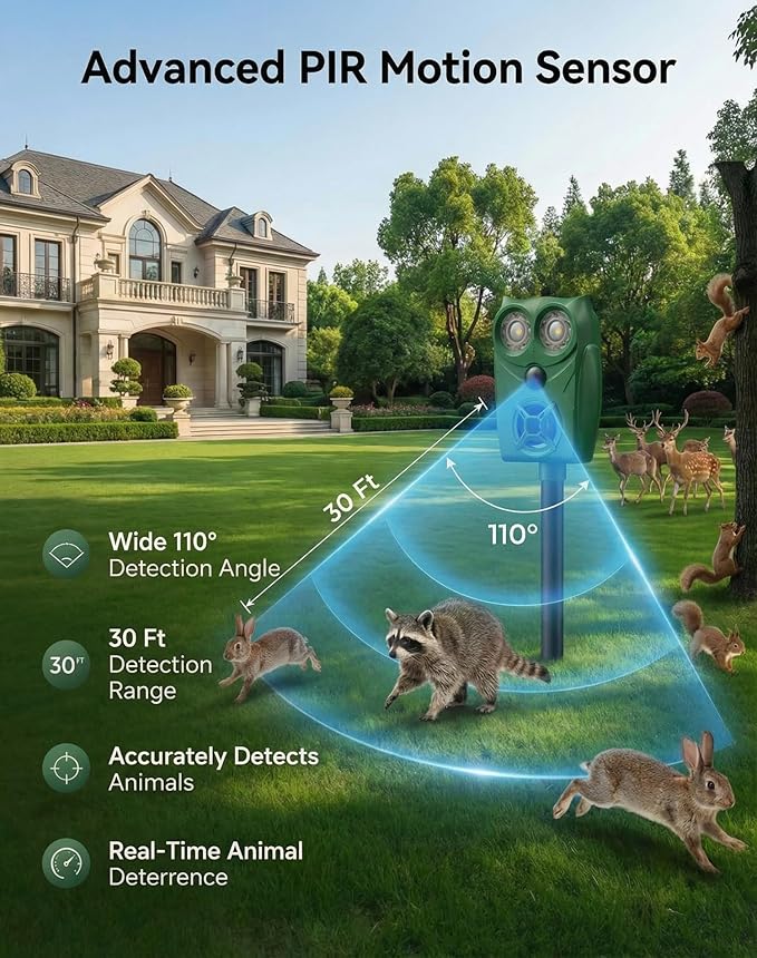 Solar Ultrasonic Animal Repeller with Motion Sensor, Deer Repellent Devices with LED Light, Waterproof Cat Repellent Outdoor, Dog Deterrent for Yard Garden to Repel Raccoon, Squirrel, Fox (2, Green)