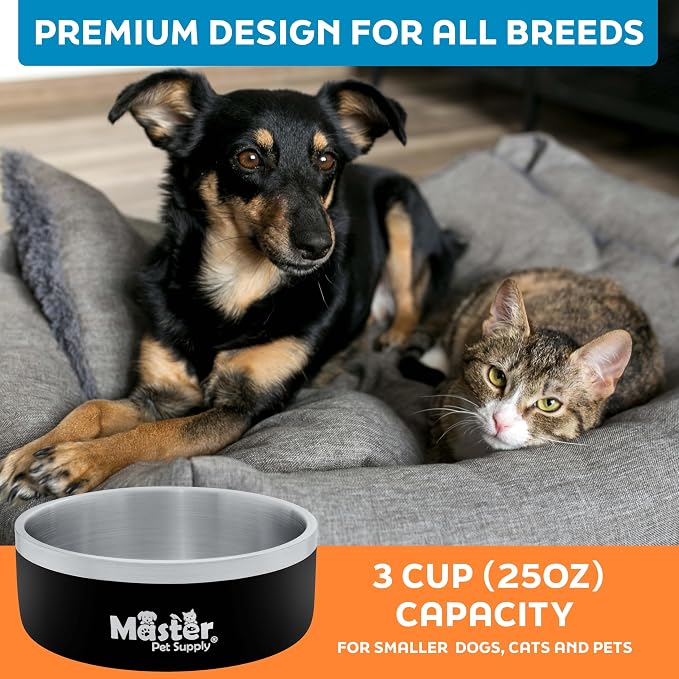 Master Pet Supply Stainless Steel Dog Bowls - 25 oz, Heavy Duty - Black Velvet, Double Wall Extra-Thick Insulated, Non-Slip Pet Water Bowl for Dogs, Cats & Pets, Anti Rust Metal, Dish Washer Safe