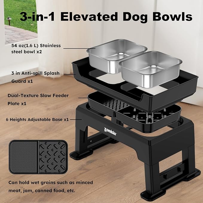 ZOMISIA Elevated Dog Bowls, 6 Height Adjustable Raised Dog Bowl Mess Proof | 3-in-1 Dog Bowl Stand, Double Deck Design, 2 Stainless Steel Bowls, Licking Plate, Feeding Station for Small Medium Large Pet