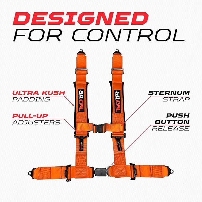 1pc 50 Cal Orange 4 Point Harness 3in Straps, Racing Harness Seat Belt | Ultra Kush padding, Push Button quick release hardware. Universal Fit for UTV, RZR, race car.