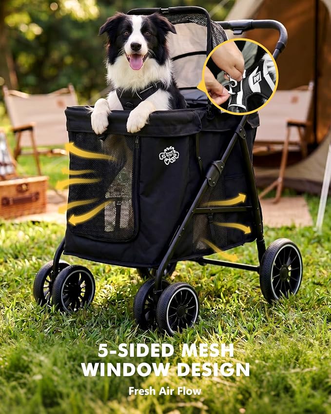 Dog Stroller for Medium Dogs, 4 Wheels Pet Stroller for 2 Small Dogs or 1 Medium Dogs, Cat Stroller Up to 80 lbs, Dual Entry Design, Foldable Design, Sun Shades, Breathable Mesh, Black