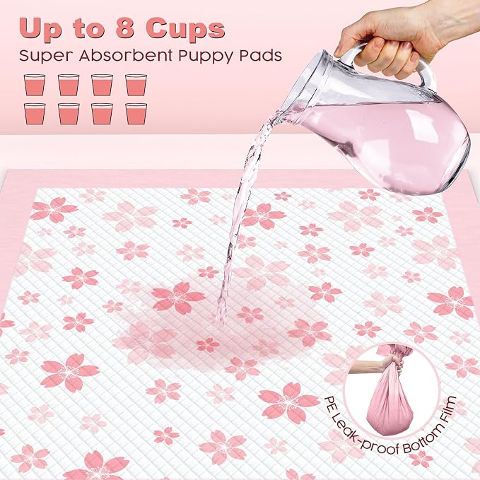MIZOK Pink Puppy Pads with Adhesive Tabs Disposable Pee Pads 28x34in 30Ct | Heavy Duty Floor Protection Super Absorbent Large Pet Training Pads Use Sticky Bottom Strips to Keep Indoor Areas Mess Free