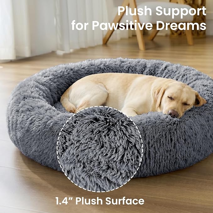 JOLLYVOGUE Calming Dog Beds Extra Large Sized Dog, 45in Donut Washable Large Pet Bed, Anti-Slip & Anti-Anxiety Fluffy Faux Fur Round Dogs Bed, Fits up to 125 lbs Pets (Smoke Black)