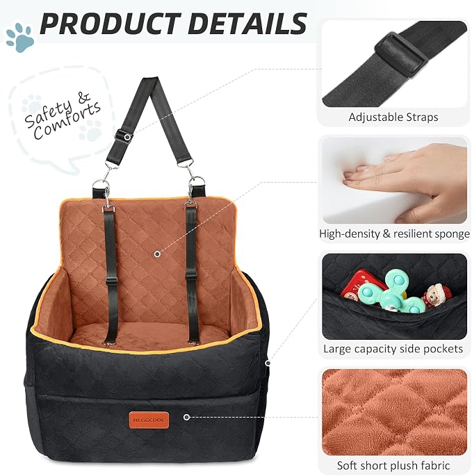 HEGGCOOE Small Dog Car Seat, Memory Foam Dog Booster Seats with Thick Cushion for Medium Dogs Under 35lbs, Detachable Washable Pet Car Seat Travel Bed with Storage Pockets,2 Safety Belts