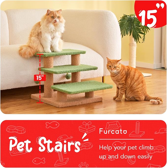 15''H Green Multi-Step Pet Stairs for High Beds & Sofas, 3-Step Cat Stairs with 2 Toy Balls, Wide Boards for Indoor Kittens Dogs Pets Climbing