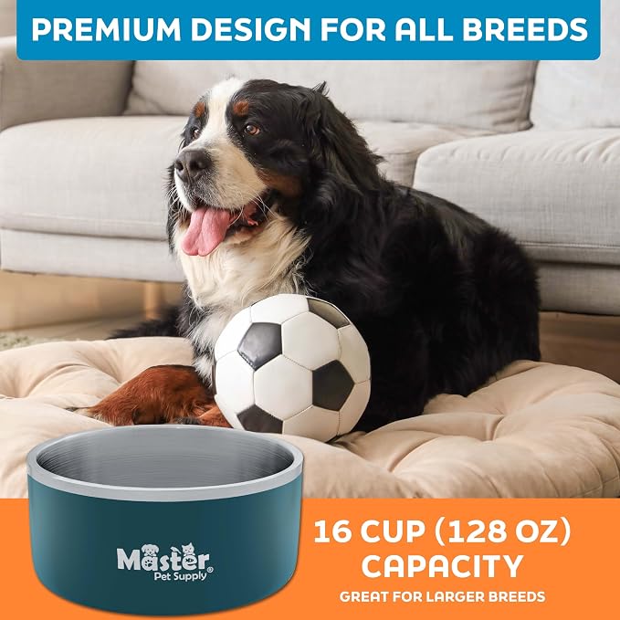 Master Pet Supply Stainless Steel Dog Bowls - 128 oz, Heavy Duty - Emerald Sea, Double Wall Extra-Thick Insulated, Non-Slip Pet Water Bowl for Dogs, Cats & Pets, Anti Rust Metal, Dish Washer Safe