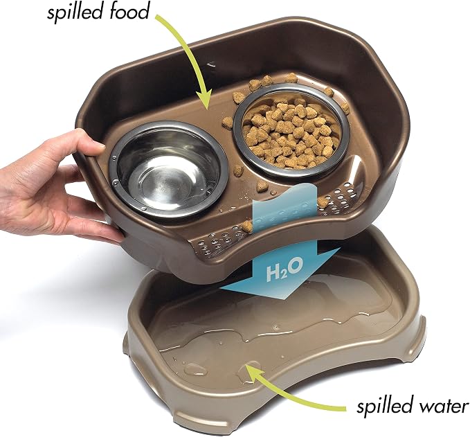 Neater Feeder Deluxe Mess-Proof Elevated Dog Bowls for Medium Dogs (19–40 lbs), 2 Height Adjustable (10” & 12.5”) No-Spill Raised Dog Bowl Stand, Stainless Steel Food Bowl Set, Made in USA, Bronze