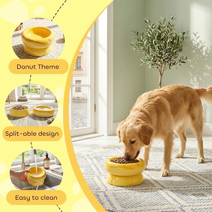 Donut Duo Ceramic Dog Bowl, Dog Water Bowl and Dog Food Bowl, Pet Bowls (Yellow)