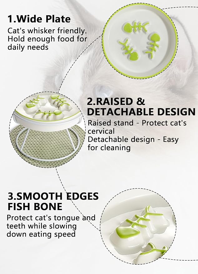 Ceramic Elevated Slow Feeder Cat Bowl, Anti Vomit, Removable Dish, Green | Removable Ceramic Bowl Elevated Anti Vomit Whisker-Friendly Wet & Dry Food Green Glazed Finish