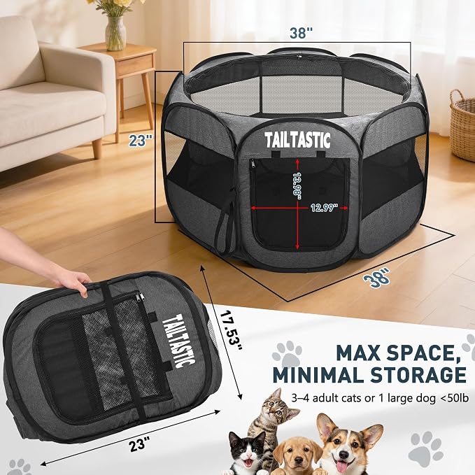 Large Cat Playpen for Multiple Cats, Extra Spacious Pet Tent Playground, Portable Dog Exercise Pen with Room for Toys & Bed, Indoor/Outdoor Enclosure for 2-3 Pets (Dark Grey, Large)