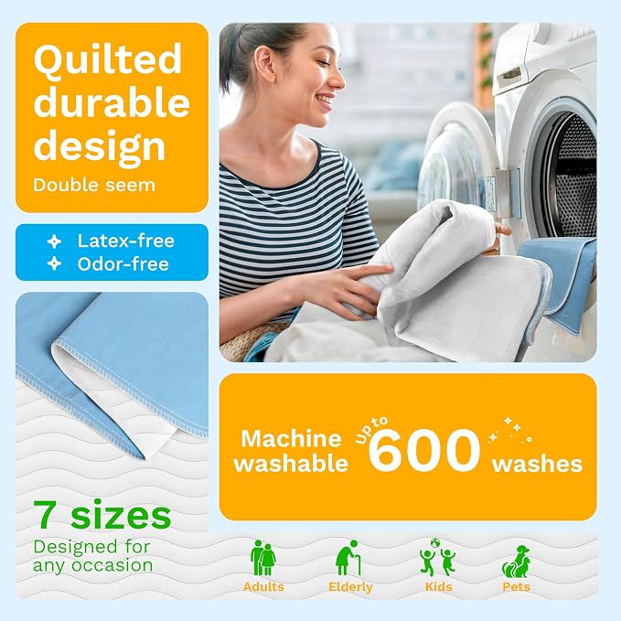 Washable Underpads - Large Pads for use as Incontinence Bed Pads, Reusable Pet Pads, Great for Dogs, Cats, Bunny, Seniors Bed Pad (Pack of 6 - 34x36)