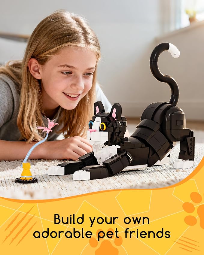 3-in-1 Tuxedo Cat Building Set, Build a Cat, Dog or Rabbit | Build & Rebuild 3 Cute Animal Designs from One Set, Building Toy for Cat Lovers and Animal Fans, Birthday Gift Ages 8+