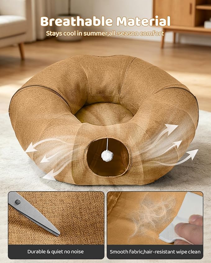 Linen Cat Tunnels with Central Cat Bed, Interactive Cat Toys Detachable Washable Soft Mat Large Indoor Play Tunnel Cave for Kittens and Small Animals