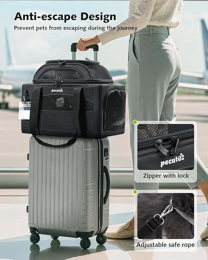 Pecute Top Expandable Airline Approved Pet Carrier for Cats, Olive Green | Top side expandable, breathable scratch-resistant mesh, leakproof pee pad, locking zippers, foldable travel bag under 11lbs.