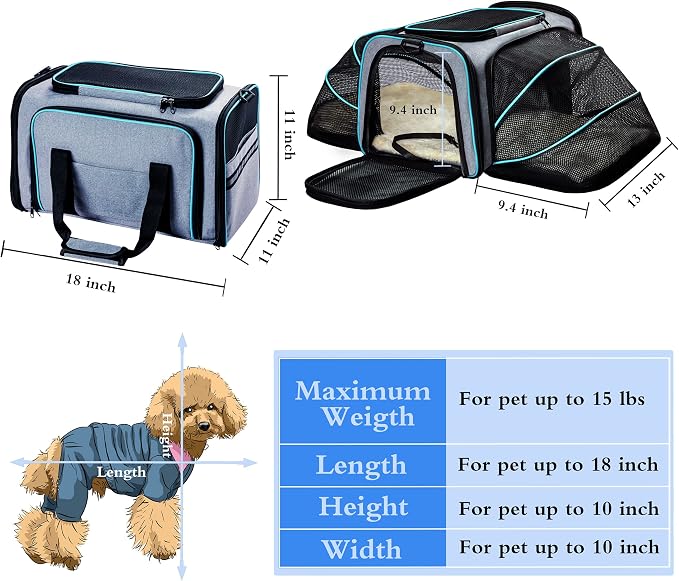 Cat Dog Carrier - Airline Approved Expandable Soft-Sided Pet Carrier with Removable Fleece Pad and Pockets, for Cats/Puppy and Small Animals Large(2 side expandable) | 2 Side Expandable, Removable Fleece Pad, Pockets, For Cats/Puppy Small Animals