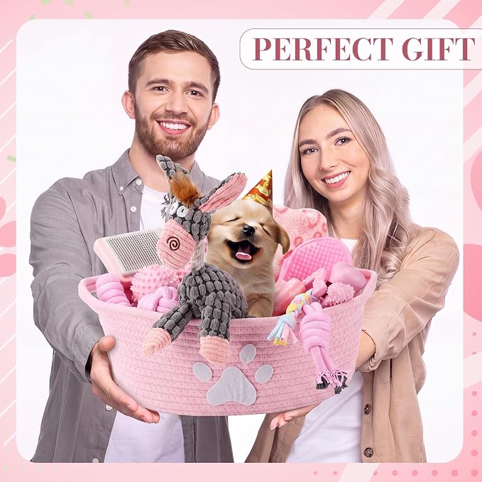 Zopeal 17 Pcs Summer Puppy Gift Set, Dog Toy & Essentials Bundle with Chew Toys, Poop Bag Dispenser, Grooming Brush, Training Bell, Blanket & Rope Basket (Pink,Donkey)