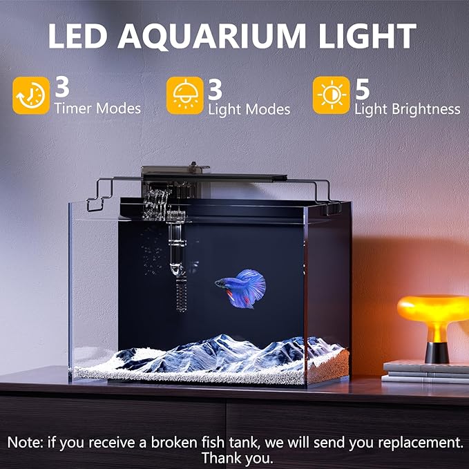 5 Gallon Fish Tank Aquarium Kit with Heater, HOB Filter, LED Light with Timer, Lid, Siphon Vacuum Cleaner, Self Cleaning Glass Rimless Betta Tank