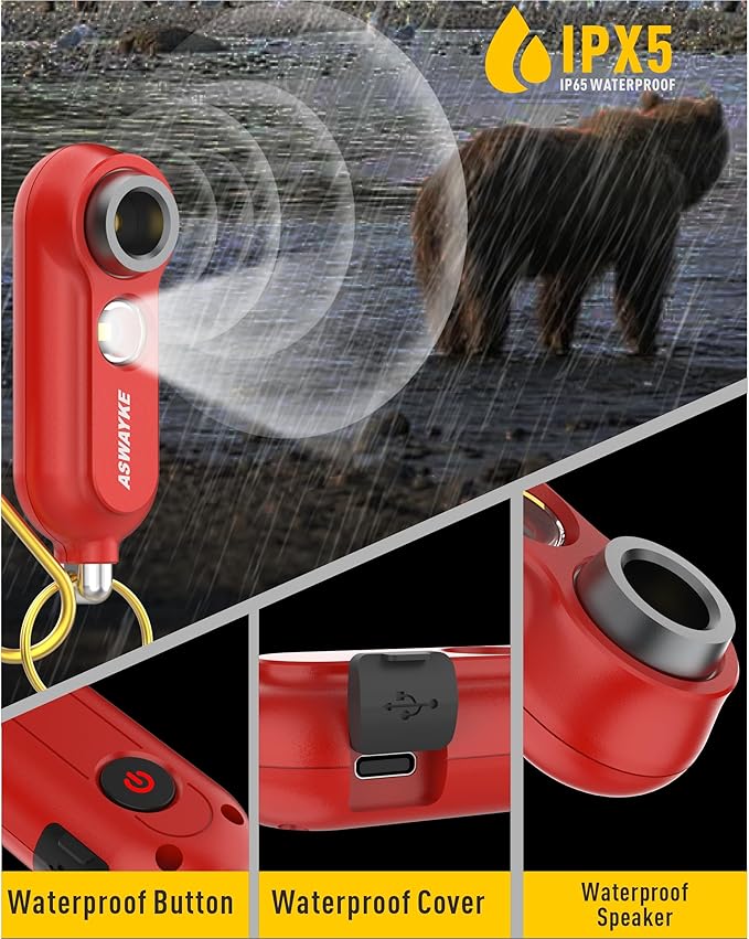 125dB Rechargeable Bear Horn,IPX5 Waterproof & LED Flashlight Bear Deterrent Device for Hiking, Camping, Outdoor Survival-Red