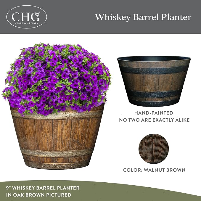 Outdoor Whiskey Resin Flower Pot Barrel Planter, Walnut Brown, 20.5" (2 Pack)