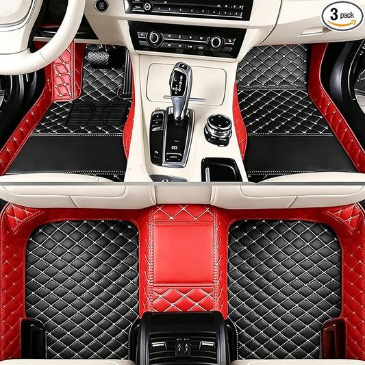 Custom Car Mats – Add Your Own Text or Image, Premium Leather Material, Personalized Gift-Ready Full Set for Sedan SUV Truck(Red+Black)