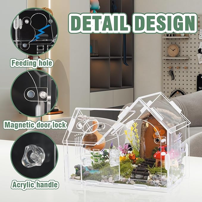 Acrylic Jumping Spider Enclosure with Magnetic Door - Transparent Tarantula Terrarium for Pet Spiders - Secure & Ventilated Reptile Habitat for Hermit Crabs, Geckos, and Small Insects