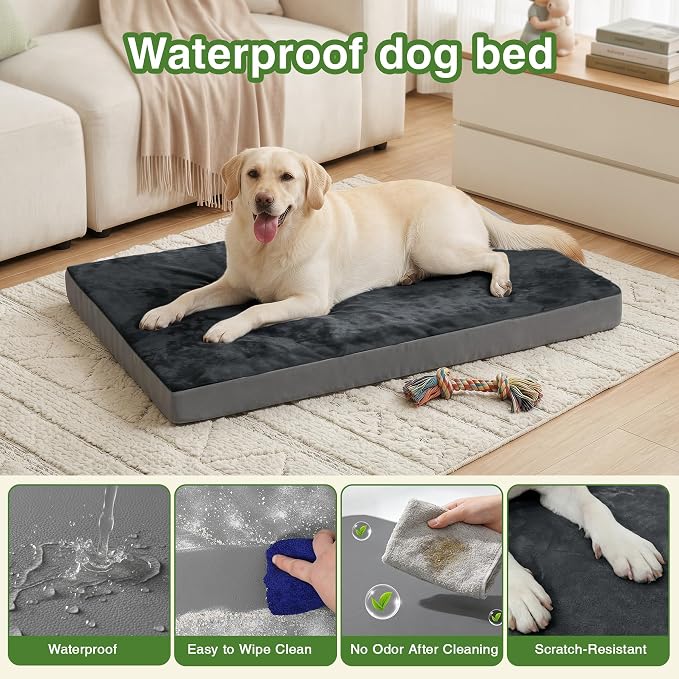 Waterproof XL Dog Bed Outdoor Orthopedic Washable Extra Large Crate Pad 42" | XLarge Foam Pet Bed, Durable Removable Cover, Reversible Faux Leather & Flannel, Anti-Sli Kennel Pad 41"x27" Dark Gray
