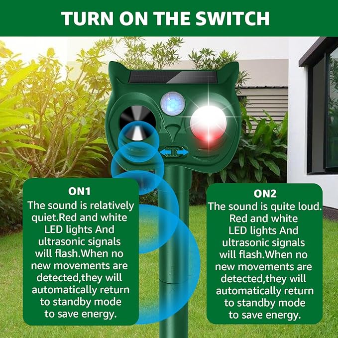 Solar Ultrasonic Animal Repellent Outdoor Motion Sensor Deer Repellent Devices Squirrel Cat Raccoon Rabbit Deterrent with Strobe Light Dual Mode, Keep Skunk Away Protection for Yard Garden Lawn 1PC
