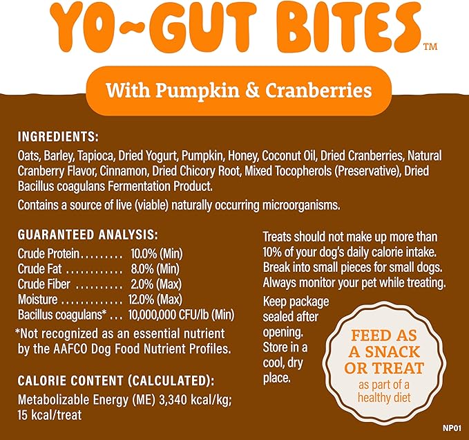 Natural Balance Yo-Gut Bites Crunchy Dog Treats with Real Pumpkin & Cranberries, Greek Yogurt Drizzle, Probiotics for Digestive Support, 10oz Bag