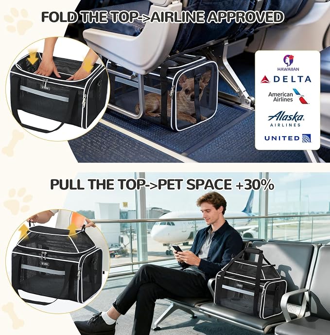 Lekereise Top-Expandable Pet Carrier Full Mesh 17x11x9.5 Inch Airline Approved Soft Sided Underseat Travel Carriers for Small Cats and Dogs with Locking Safety Zippers
