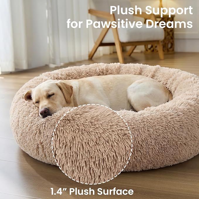 JOLLYVOGUE Calming Dog Beds Extra Large Sized Dog, 45in Donut Washable Large Pet Bed, Anti-Slip & Anti-Anxiety Fluffy Faux Fur Round Dogs Bed, Fits up to 125 lbs Pets (Camel)